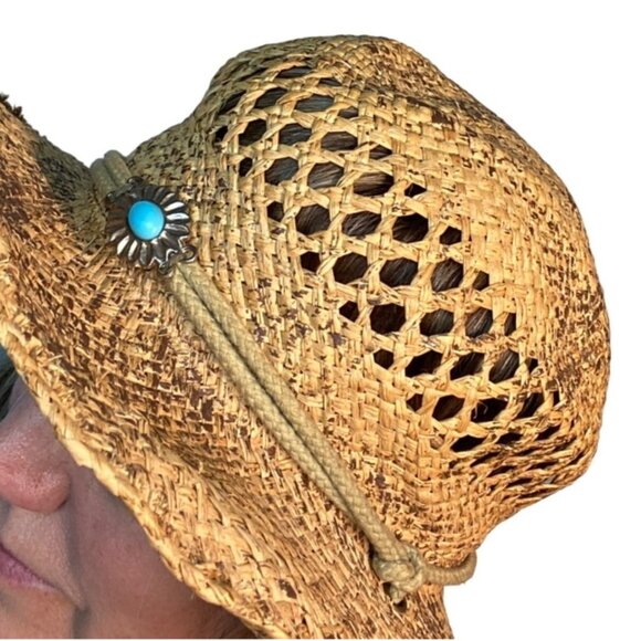 Cov/Ver Your World sun hat rattan turquoise stone adjustable chin strap Sm/M - Picture 9 of 9